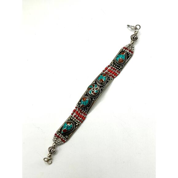 Turquoise & Coral Bracelet & Earring Set – Tibetan Silver – Boho Jewelry - Picture 2 of 6